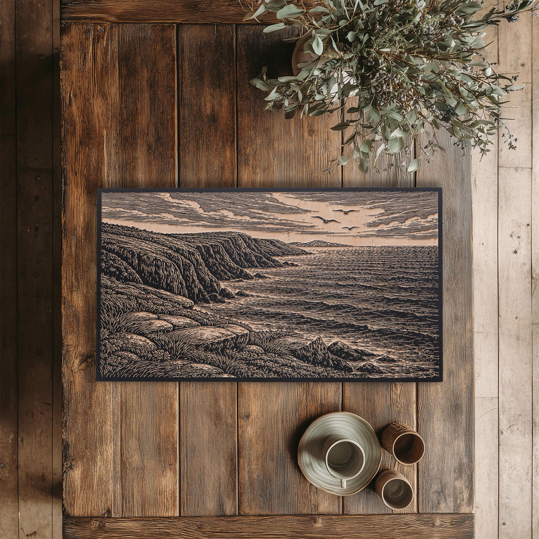 Coastal Cliffs and Crashing Waves Engraved Birch Art Panel