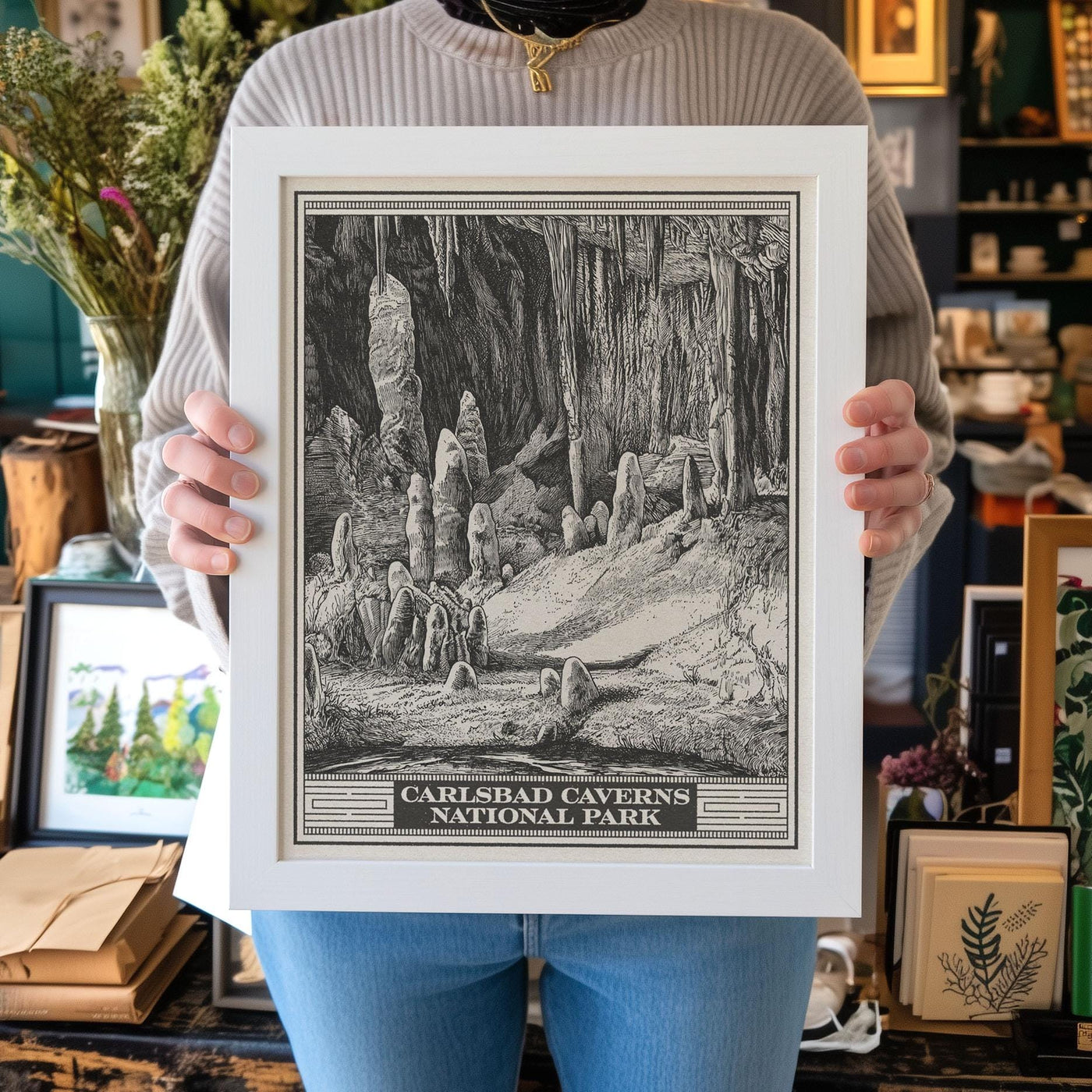 Carlsbad Caverns National Park Lithograph Style Print - Vintage New Mexico archival matte fine art print. Chihuahuan Desert Travel Gift