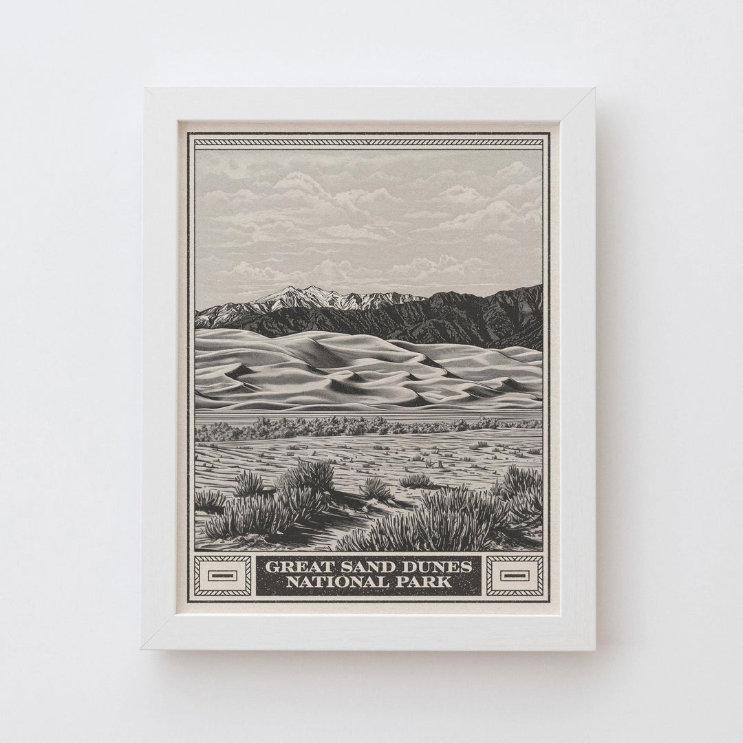 Great Sand Dunes Lithograph Style Print - Vintage Colorado archival matte fine art print. Star Dune Medano Pass Primitive Road. Western Gift