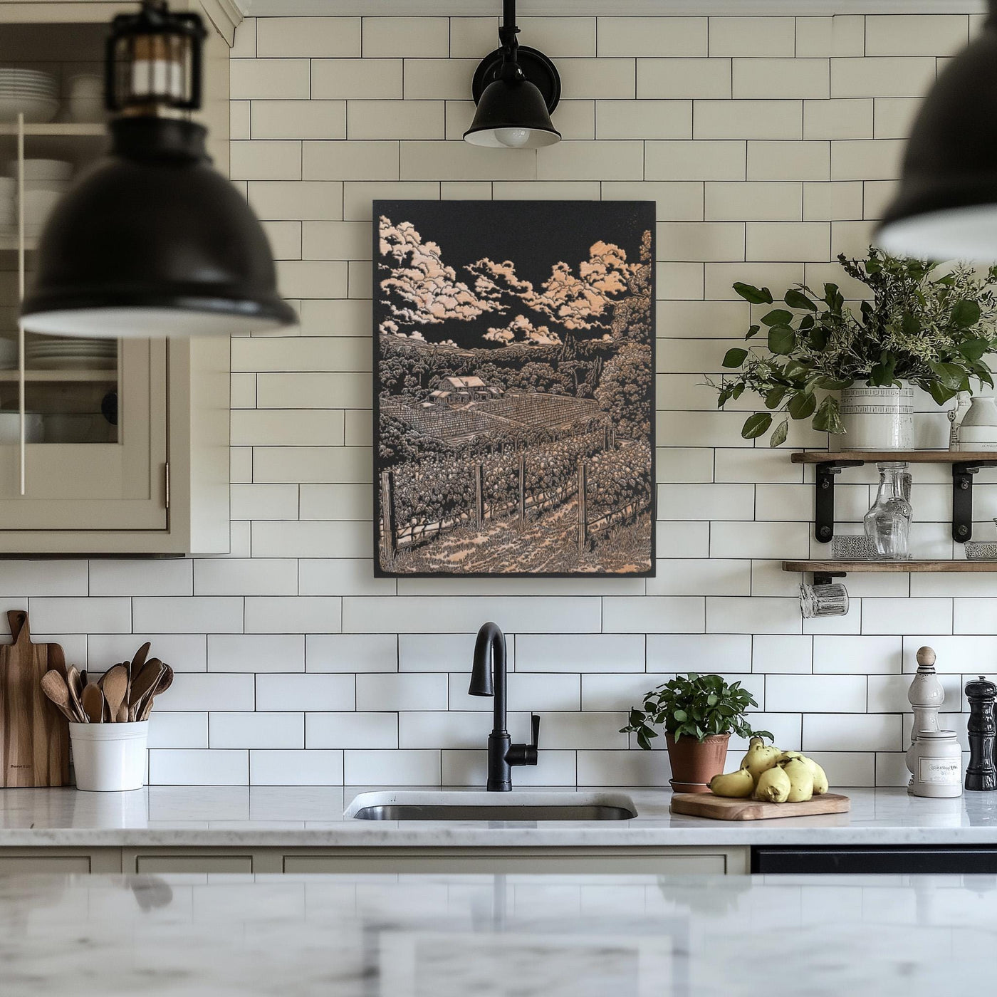 California Wine Country Vineyard Scene Engraved Illustration