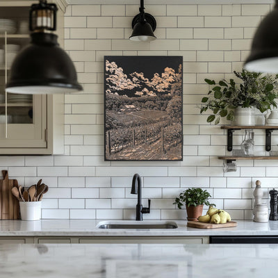 California Wine Country Vineyard Scene Engraved Illustration