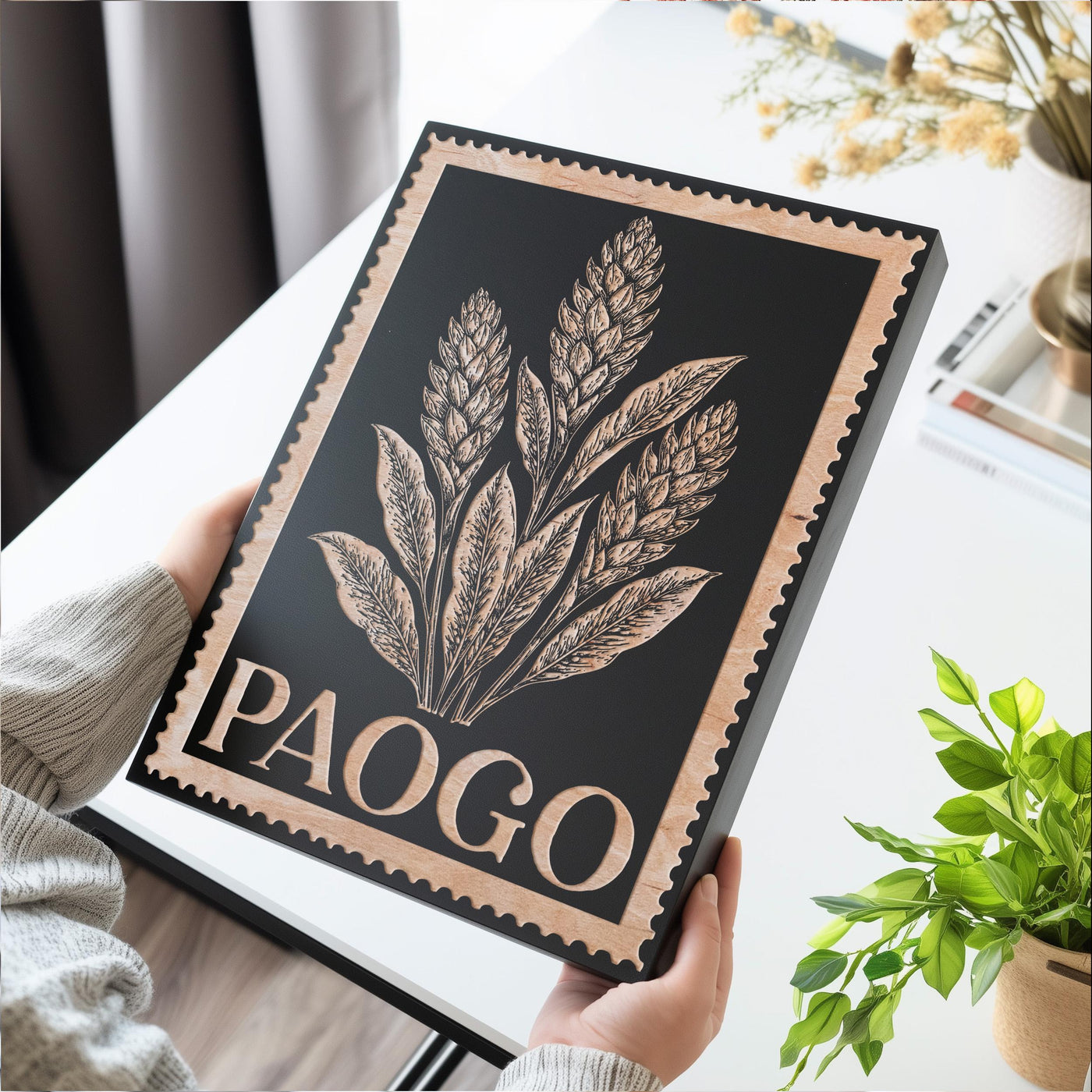 Paogo Floral Wall Art | Engraved Wood Lithograph Style Nature Illustration, Plant Flower Painting Mothers Gift, Vintage American Samoa Art