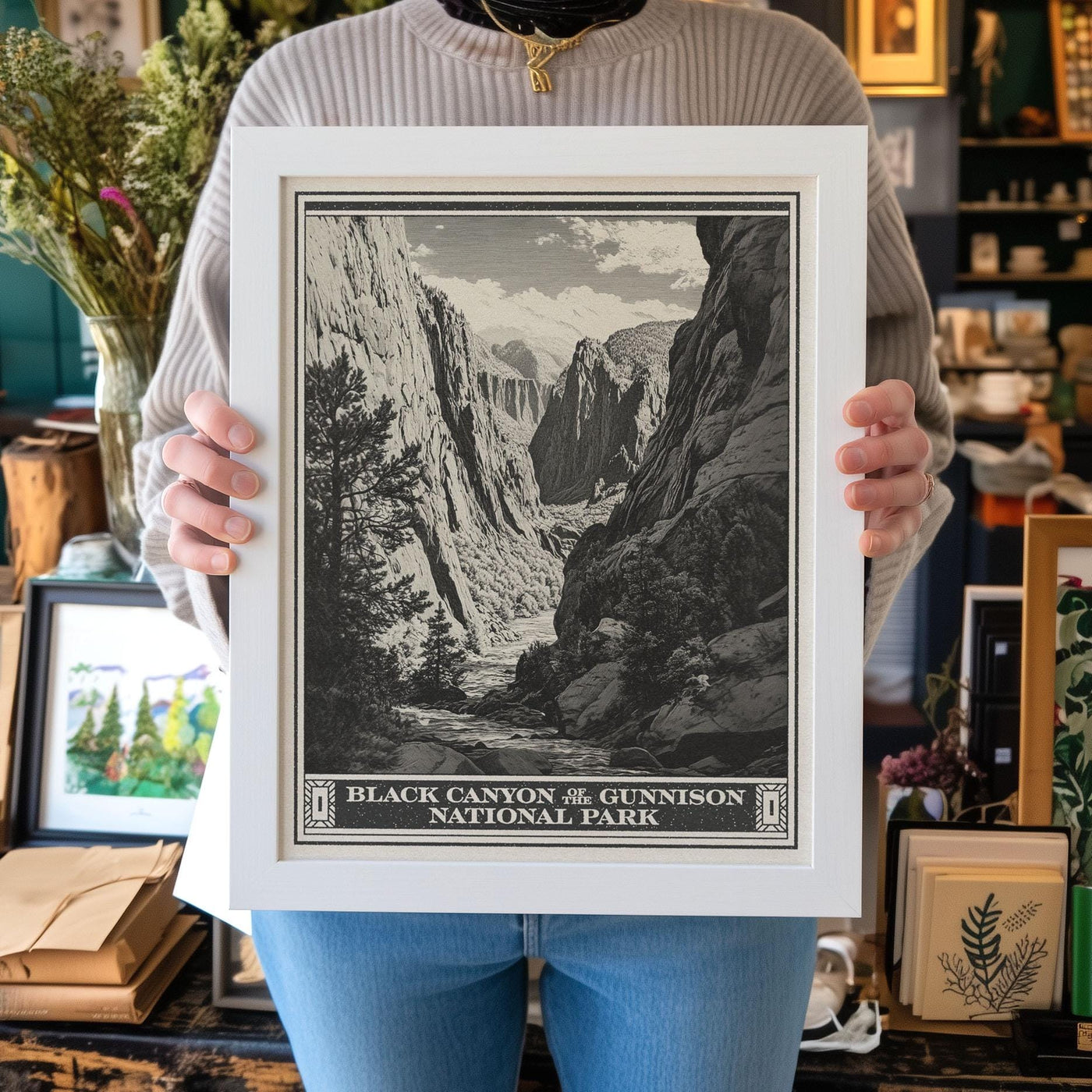 Black Canyon of the Gunnison National Park Lithograph Style Print - Vintage Colorado archival matte fine art print. Mountain Hiking gift