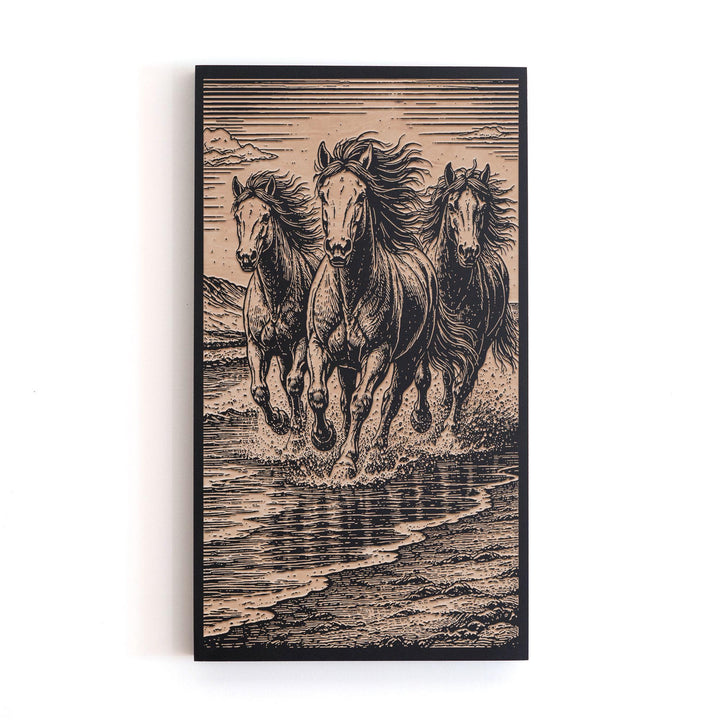 Wild Horses on Beach Engraved Birch Art Panel