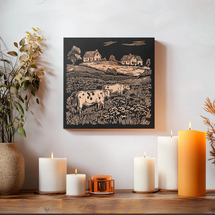 Cows on a Farm Engraved Illustration