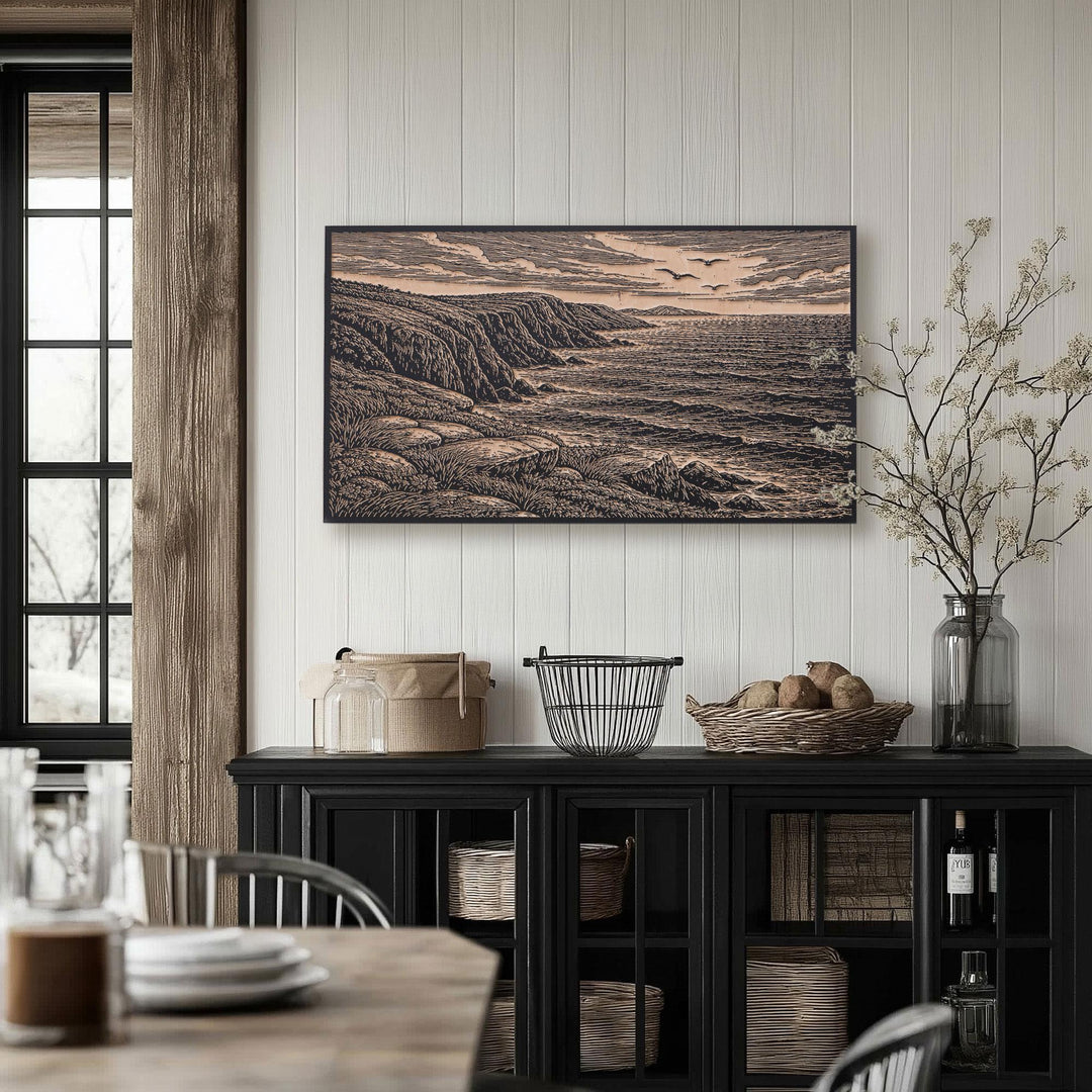 Coastal Cliffs and Crashing Waves Engraved Birch Art Panel