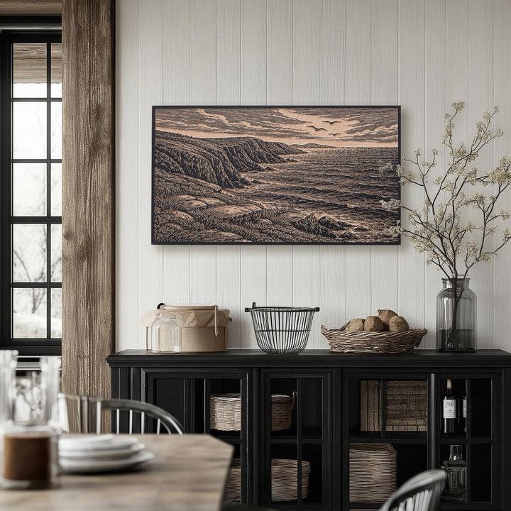 Coastal Cliffs and Crashing Waves Engraved Birch Art Panel