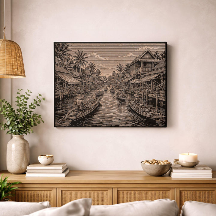 Bangkok Floating Market Engraved Birch Art Panel