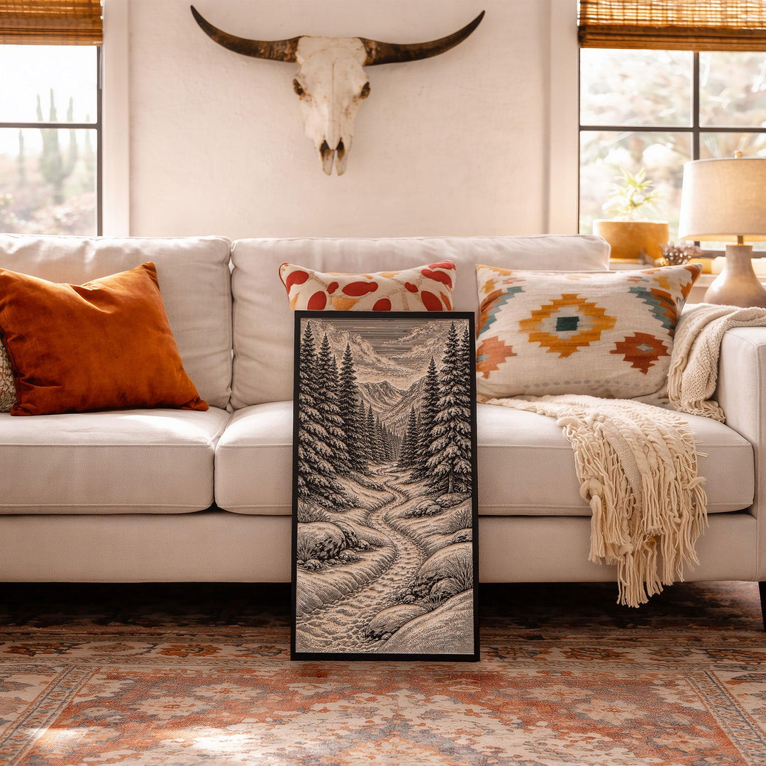 Snowy Trail Through Evergreen Forest Engraved Birch Art Panel