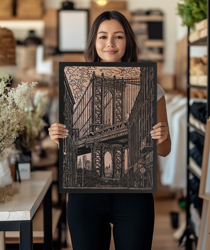 New York Manhattan Bridge Engraved Illustration