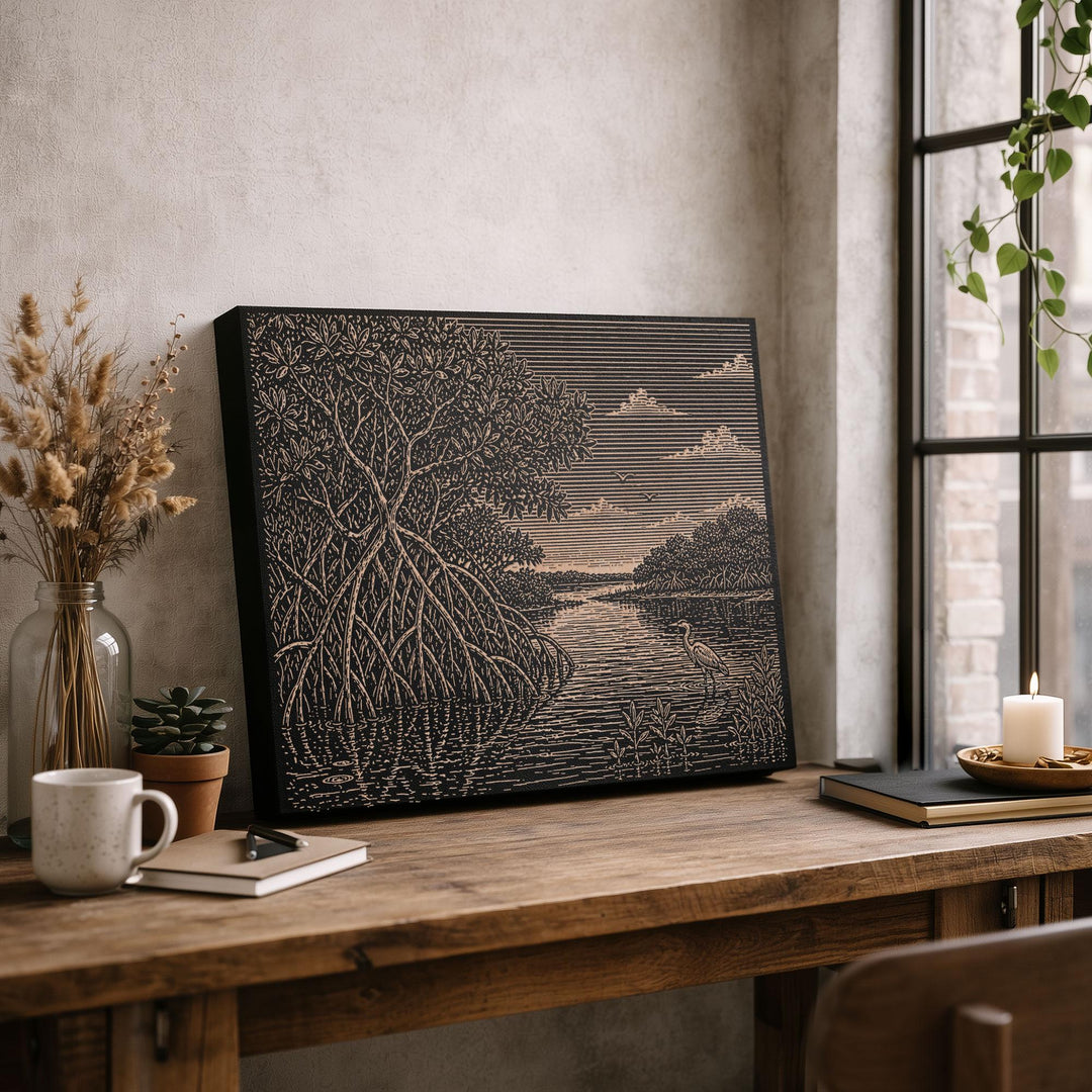 Mangrove Edge and Tidal Water Engraved Birch Art Panel