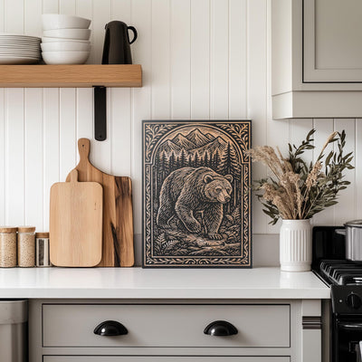 Bear in the Mountains Engraved Birch Illustration