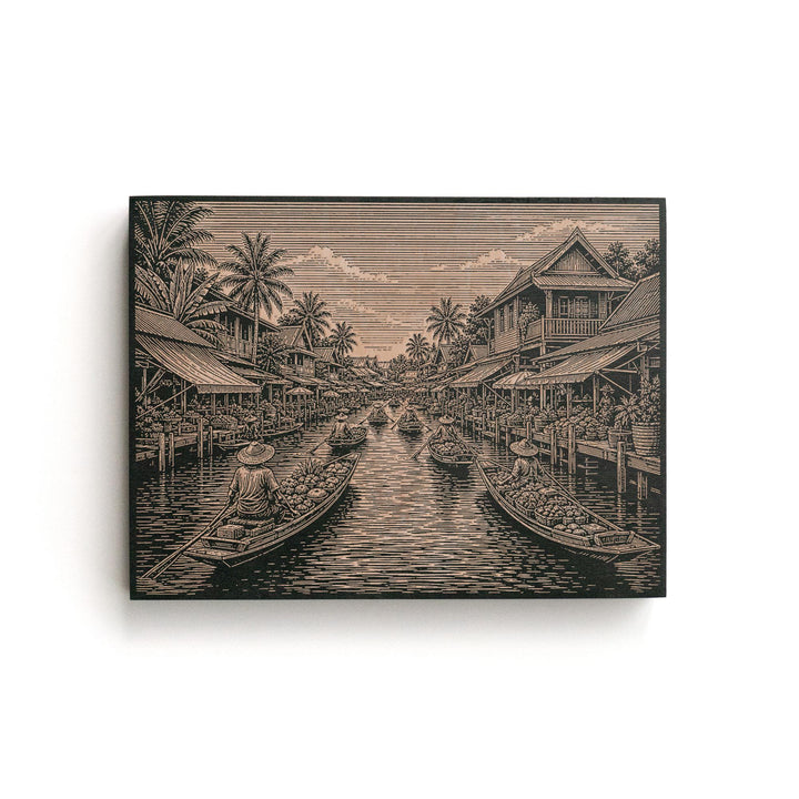 Bangkok Floating Market Engraved Birch Art Panel