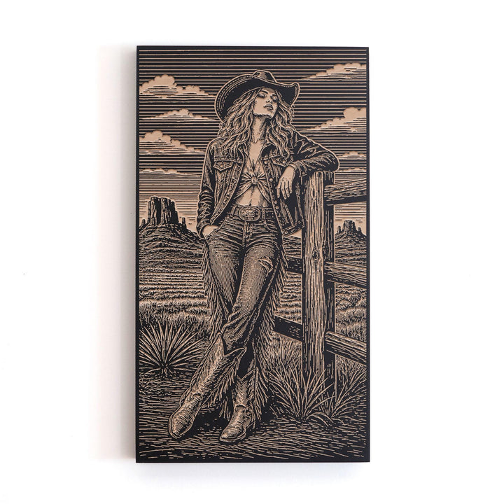Cowgirl at the Desert Frontier Engraved Illustration