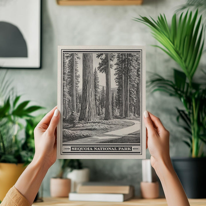 Sequoia National Park Lithograph Style Print - Vintage California archival matte fine art print. Giant Forest Sierra Nevada Mountains Gift.