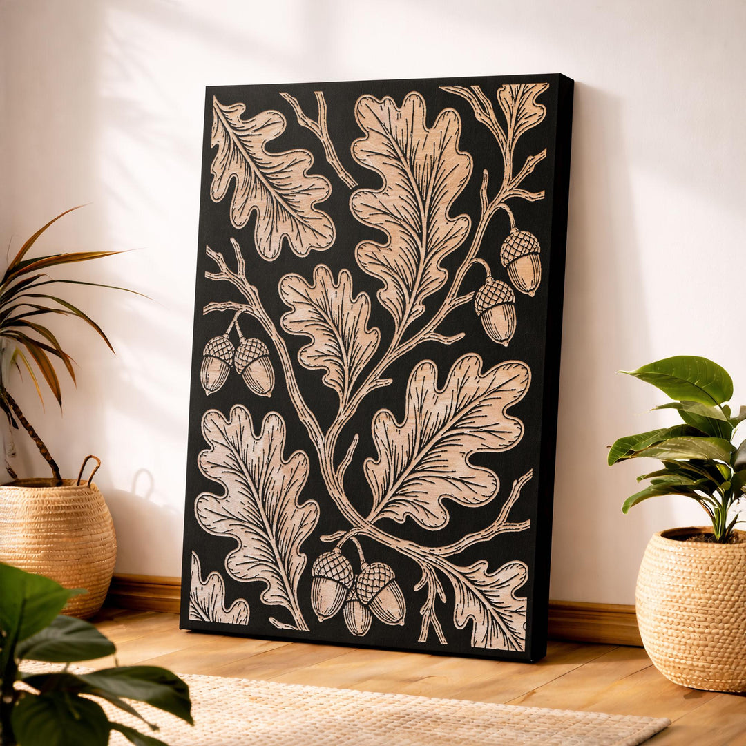 Oak Leaves and Acorns Engraved Birch Art Panel