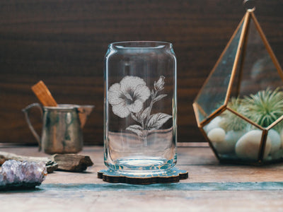 Hibiscus Glasses | Personalized Whiskey, Wine & Beer Etched Glassware, Flower Gifts for Her, Farmhouse Summer Décor, Country Style Accents