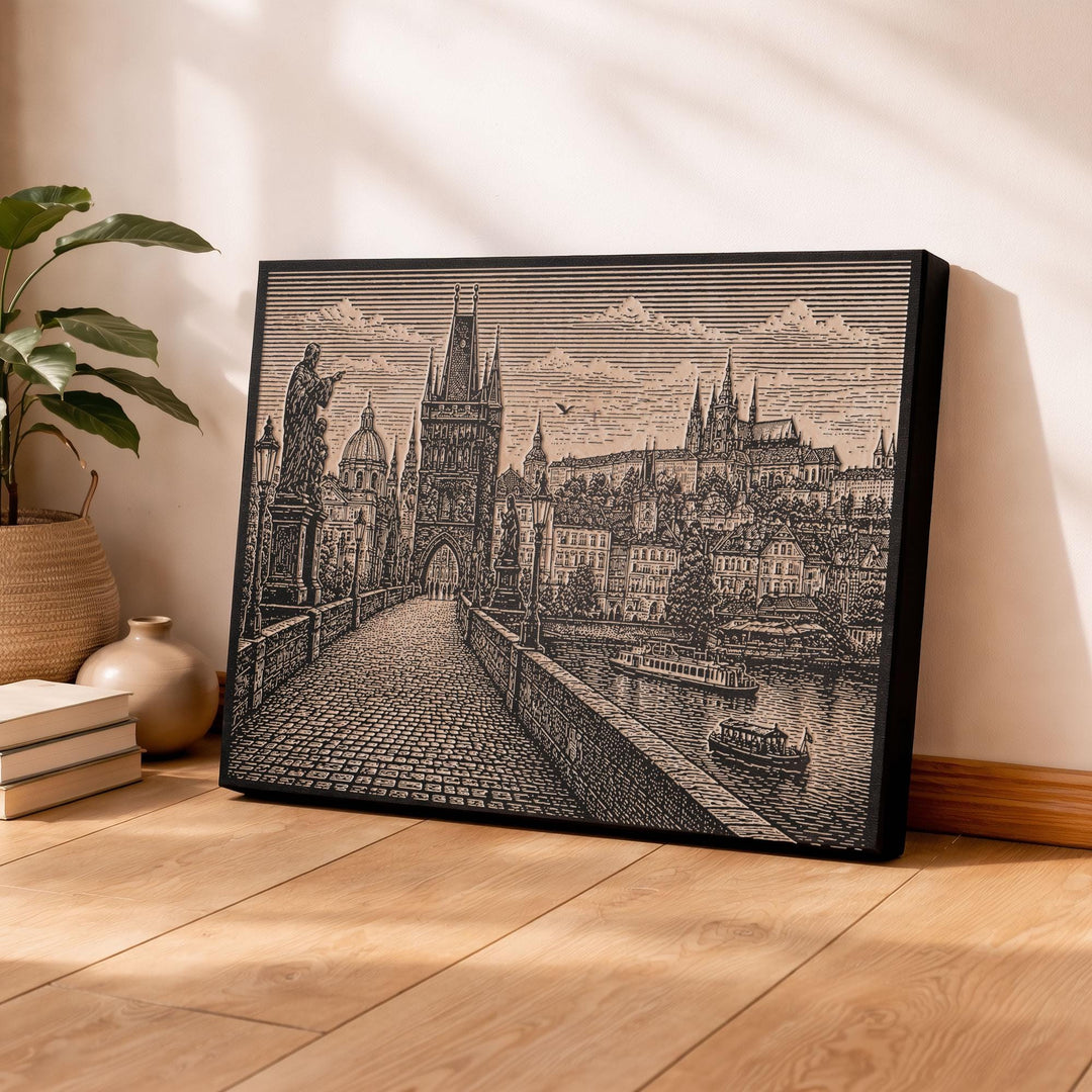 Prague Charles Bridge Engraved Birch Art Panel