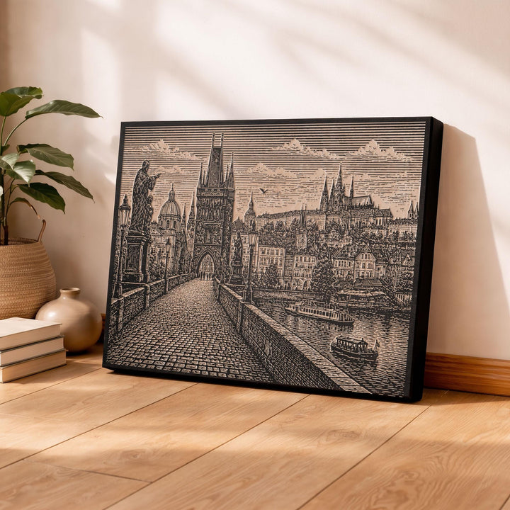 Prague Charles Bridge Engraved Birch Art Panel