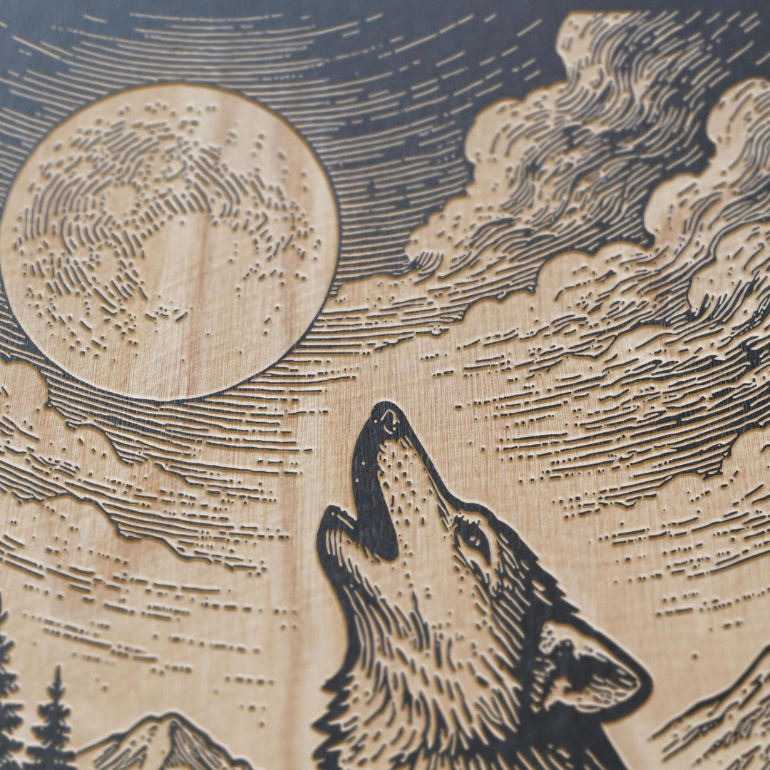 Wolf Howling at Moon Engraved Birch Art Panel