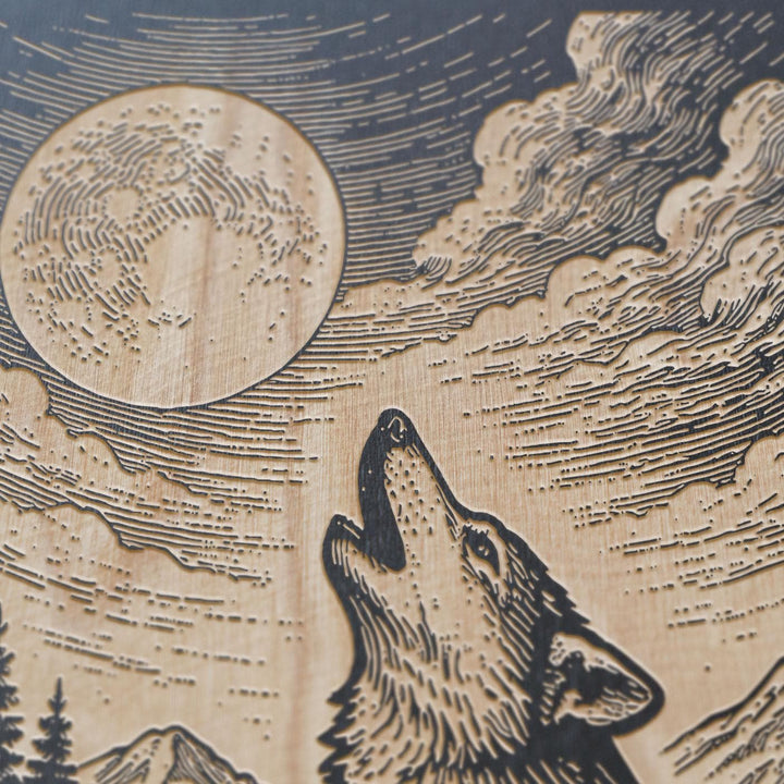 Wolf Howling at Moon Engraved Birch Art Panel