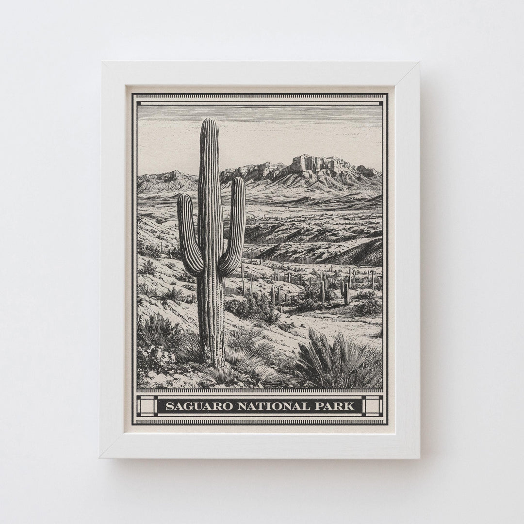 Saguaro National Park Lithograph Style Print - Vintage Arizona archival matte fine art print. Saguaro Cactus Desert Gift. Rincon Mountain.