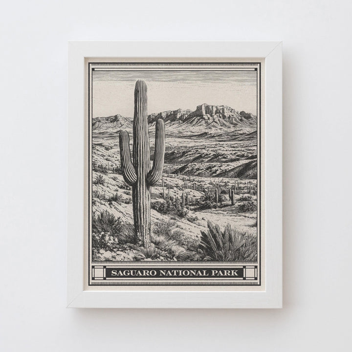 Saguaro National Park Lithograph Style Print - Vintage Arizona archival matte fine art print. Saguaro Cactus Desert Gift. Rincon Mountain.