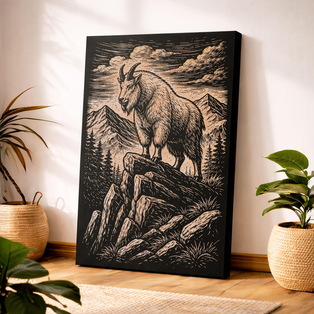 Mountain Goat in Alpine Wilderness Engraved Birch Art Panel