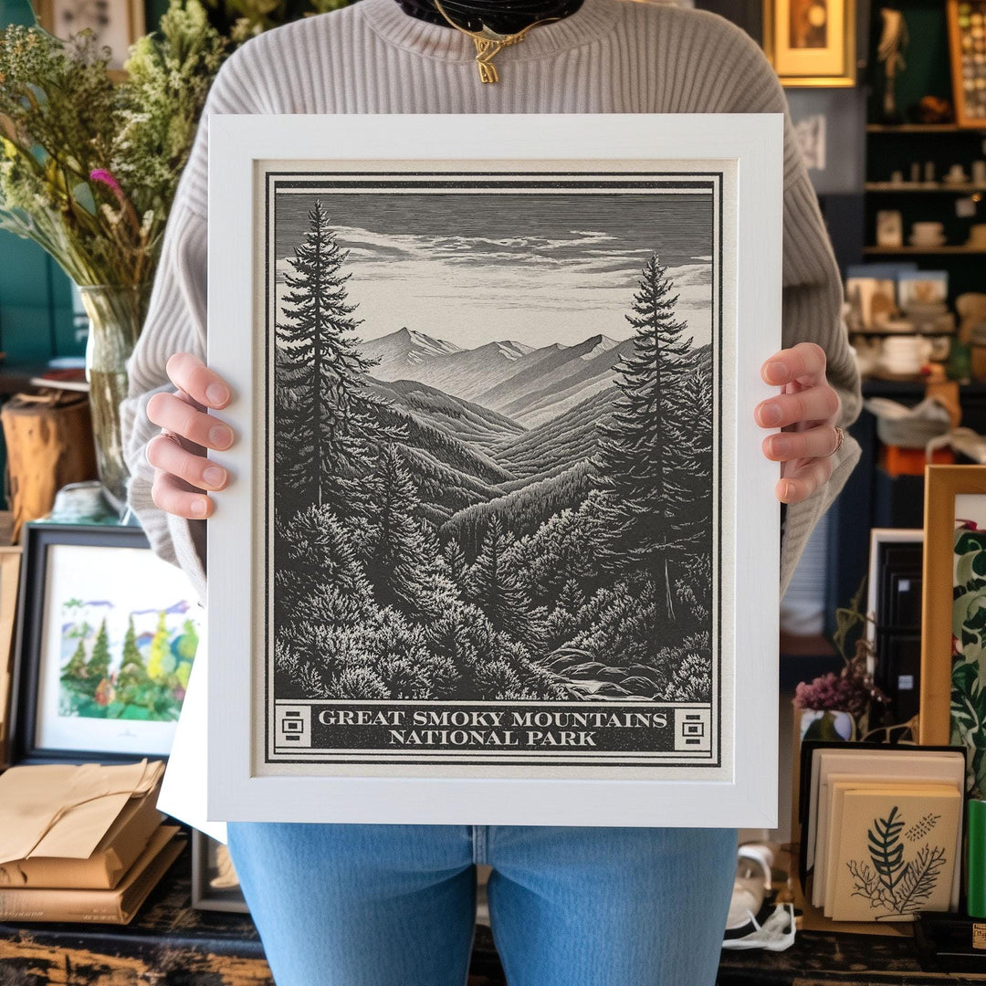 Great Smoky Mountains National Park Lithograph, Vintage Tennessee &amp; North Carolina poster design, archival quality matte fine art print gift