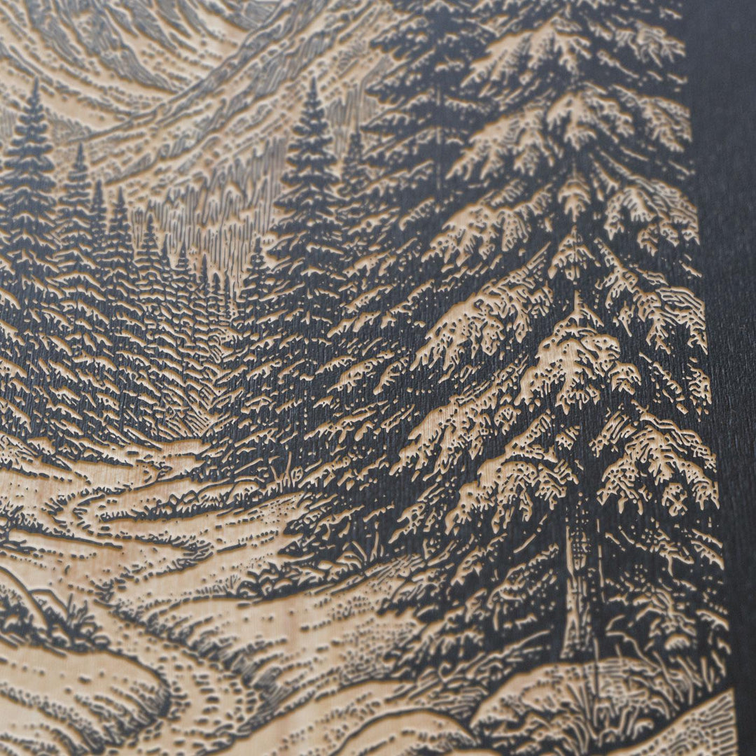 Snowy Trail Through Evergreen Forest Engraved Birch Art Panel