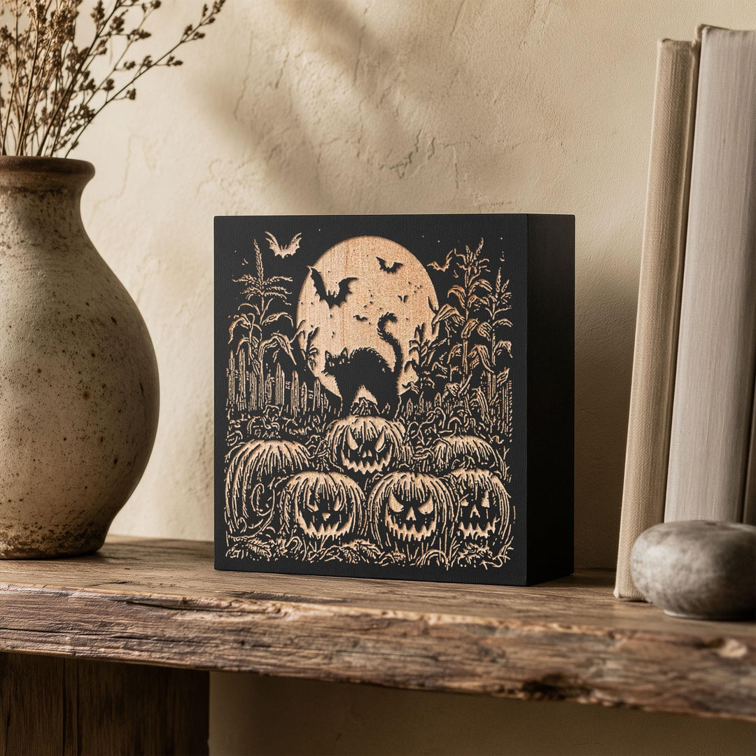 Black Cat Pumpkin Patch Engraved Birch Wood Panel