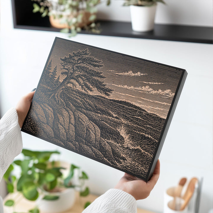 Granite Coast and Wind-Shaped Spruce Engraved Birch Art Panel