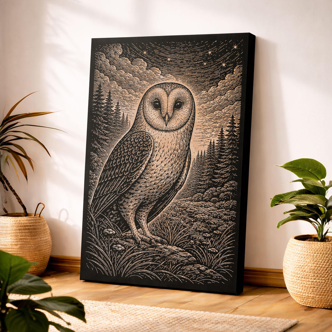 Barn Owl in Starry Night Engraved Birch Art Panel