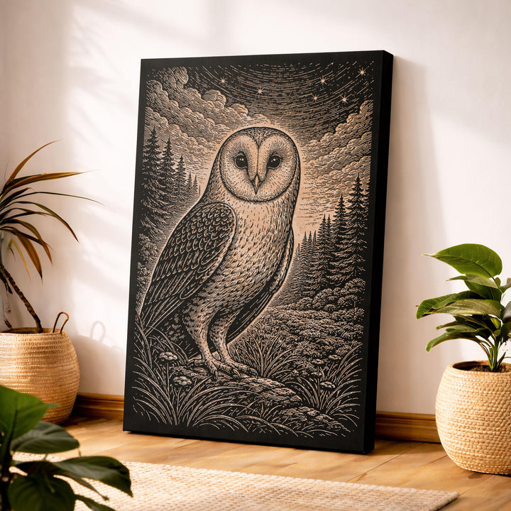 Barn Owl in Starry Night Engraved Birch Art Panel