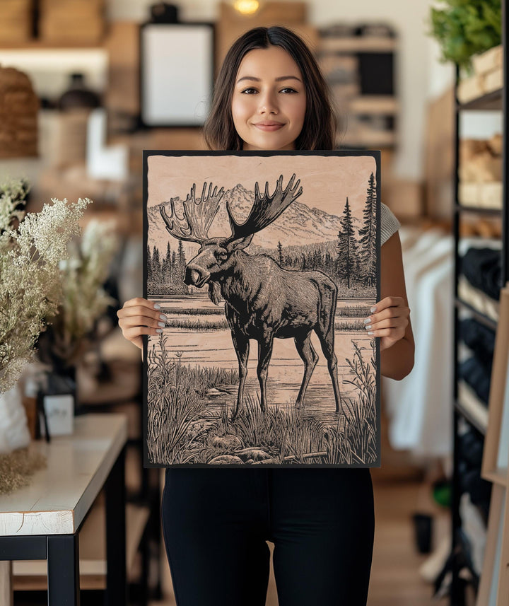 Moose in a Bog Engraved Illustration