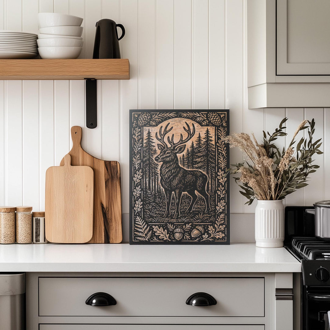 Deer in the Forest Engraved Birch Illustration