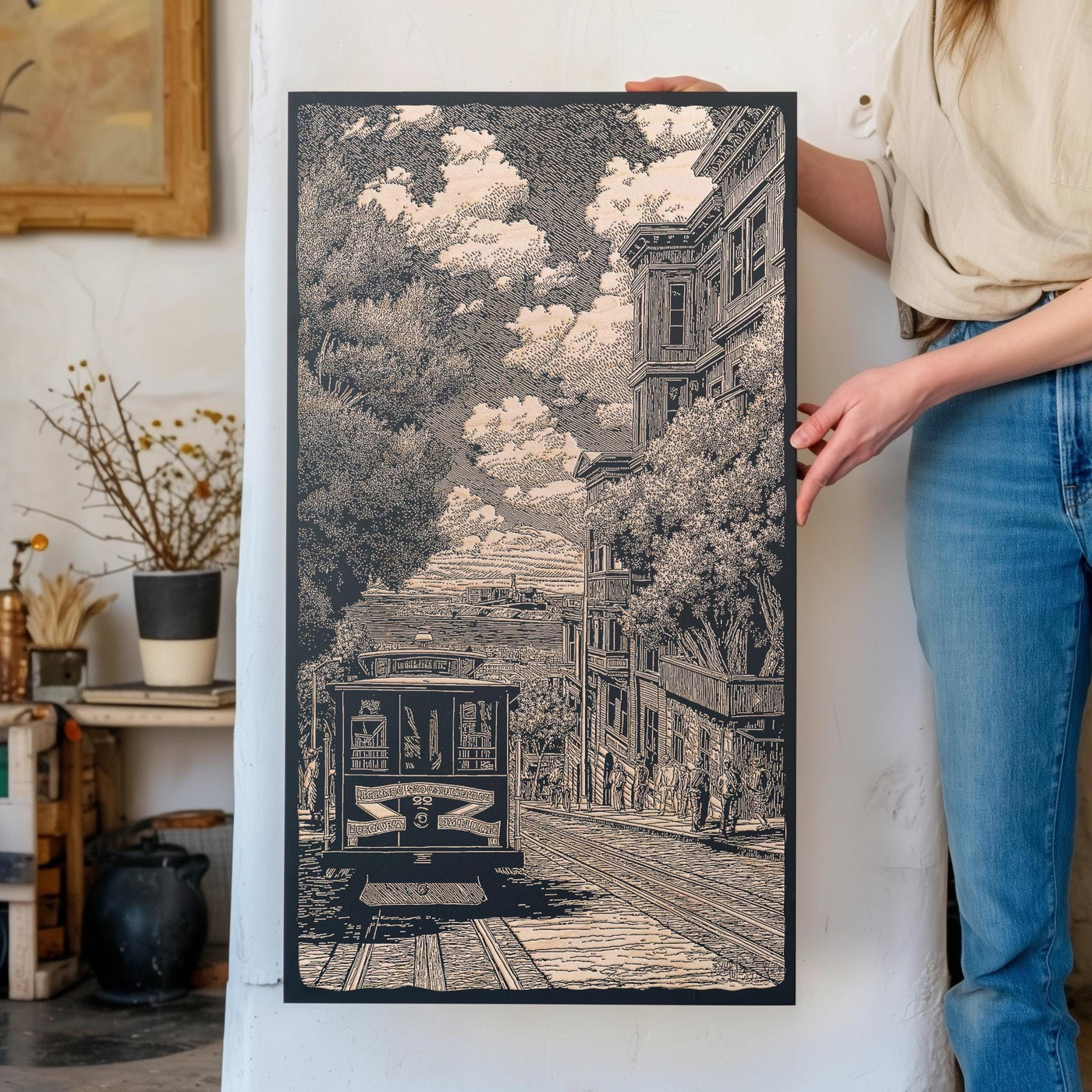 Vintage San Francisco Trolley Engraved Illustration