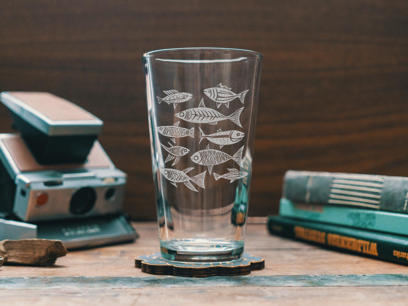 School of Fish Glasses | Fishing Personalized Whiskey, Wine & Beer Glassware, Coastal Beach Drinkware, Nautical Gift, Folk Cottagecore Theme