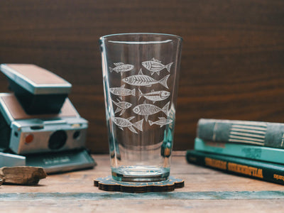 School of Fish Glasses | Fishing Personalized Whiskey, Wine & Beer Glassware, Coastal Beach Drinkware, Nautical Gift, Folk Cottagecore Theme