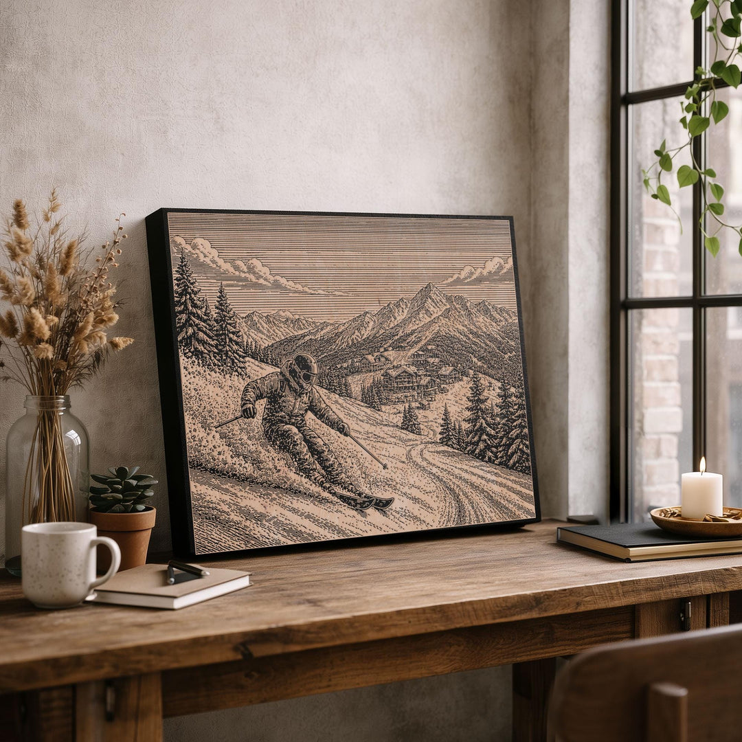 Alpine Skier Engraved Illustration