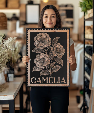 Camelia Floral Wall Art | Engraved Wood Lithograph Style Nature Illustration, Plant Flower Painting Mothers Gift, Vintage Alabama Stamp Art