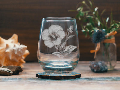Hibiscus Glasses | Personalized Whiskey, Wine & Beer Etched Glassware, Flower Gifts for Her, Farmhouse Summer Décor, Country Style Accents