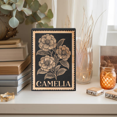 Camelia Floral Wall Art | Engraved Wood Lithograph Style Nature Illustration, Plant Flower Painting Mothers Gift, Vintage Alabama Stamp Art