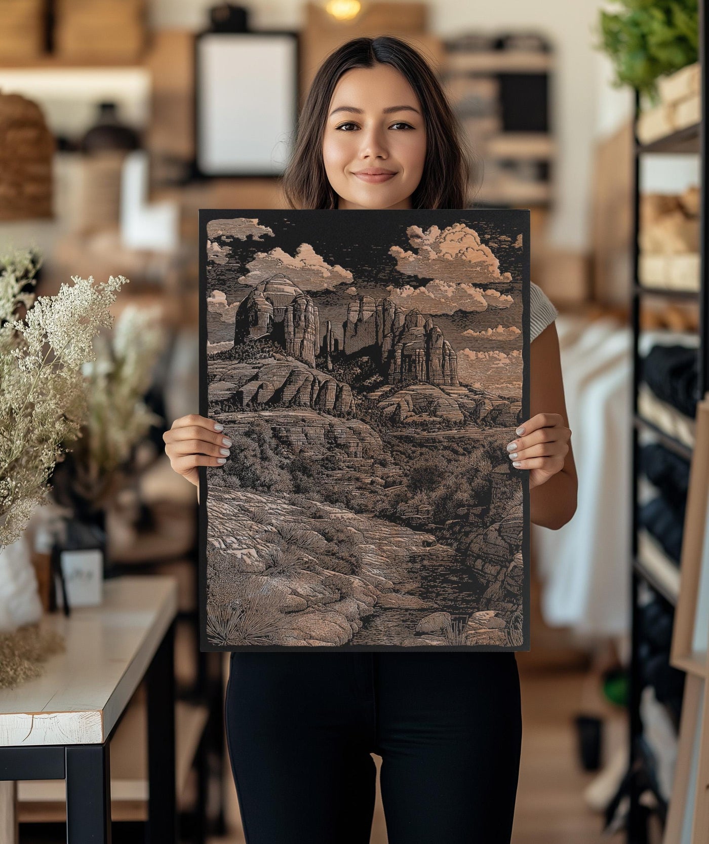 Cathedral Rock Scene Engraved Illustration