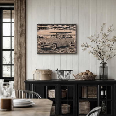 Vintage Beach Station Wagon with Surfboard Engraved Illustration