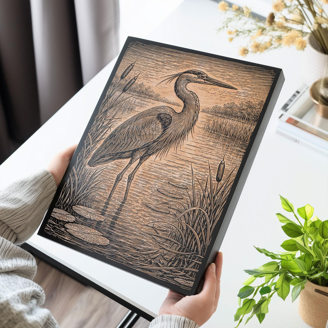 Marshland Great Blue Heron in Reeds Engraved Birch Art Panel