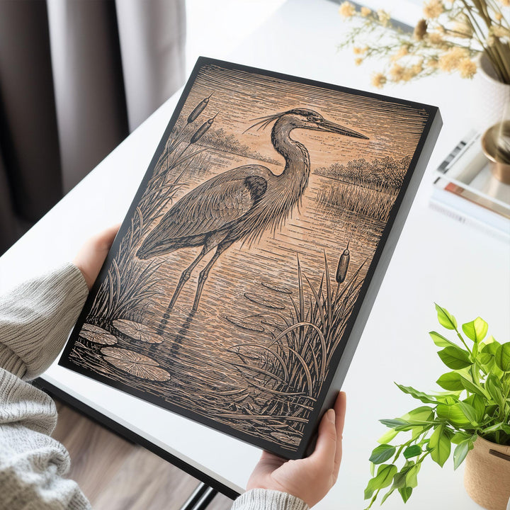 Marshland Great Blue Heron in Reeds Engraved Birch Art Panel