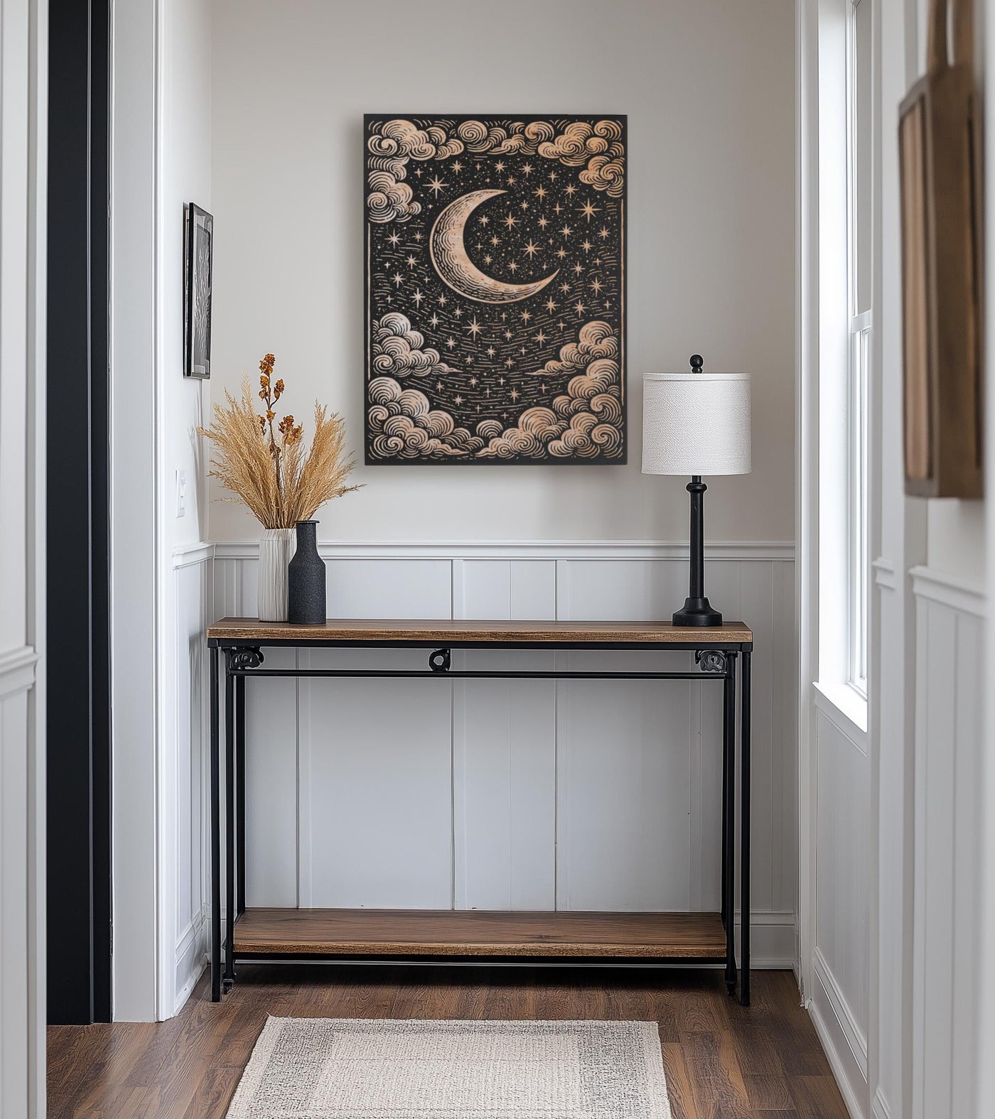 Celestial Moon & Stars Engraved Birch Illustration