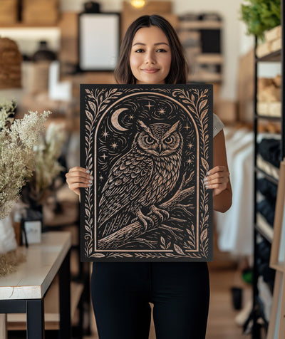 Owl & Moon Engraved Birch Illustration
