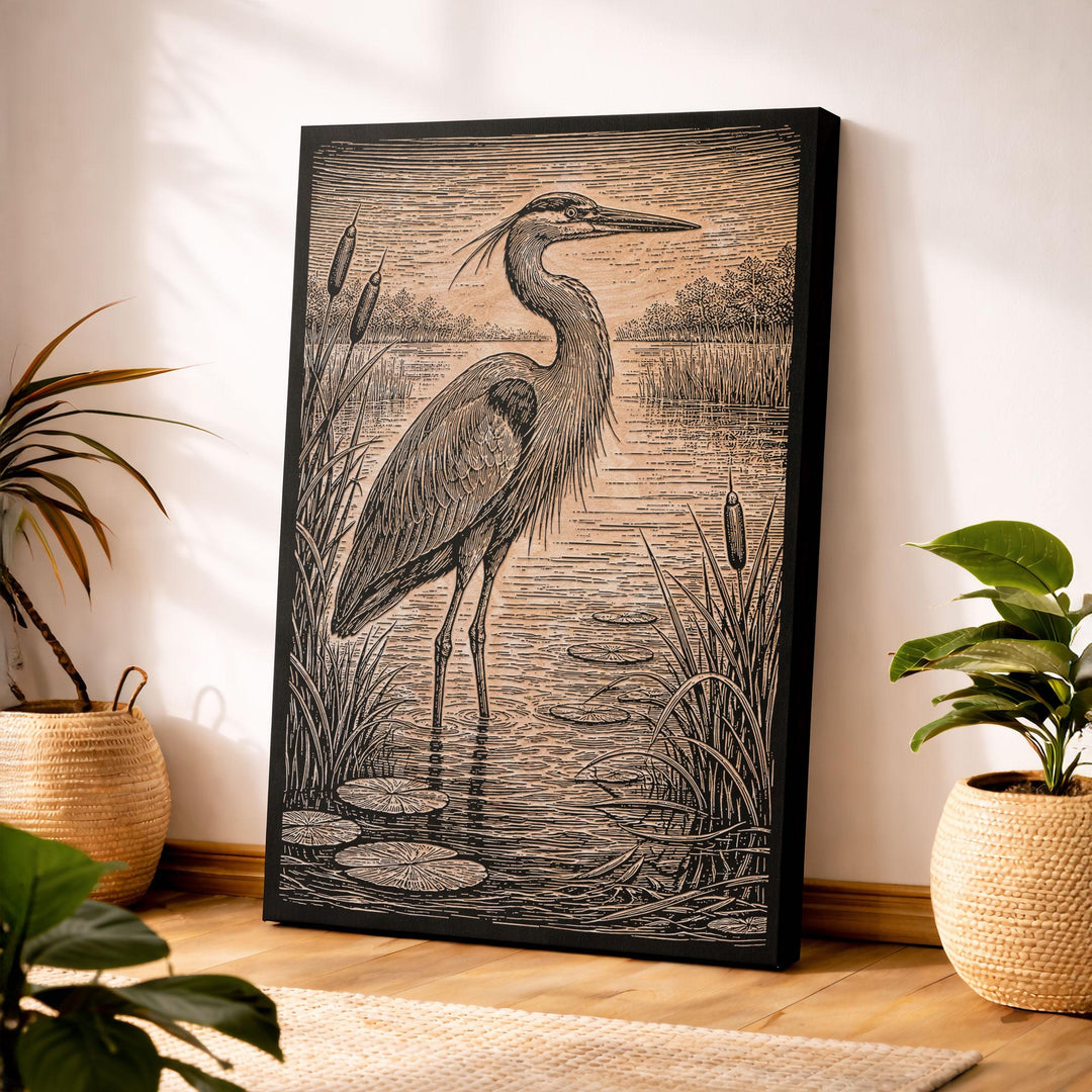Marshland Great Blue Heron in Reeds Engraved Birch Art Panel